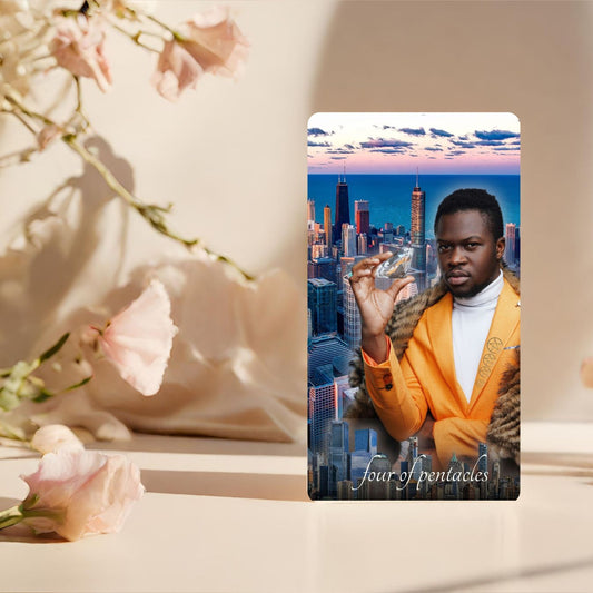 Card with a person holding a pentacle card against a cityscape background, next to pink flowers.