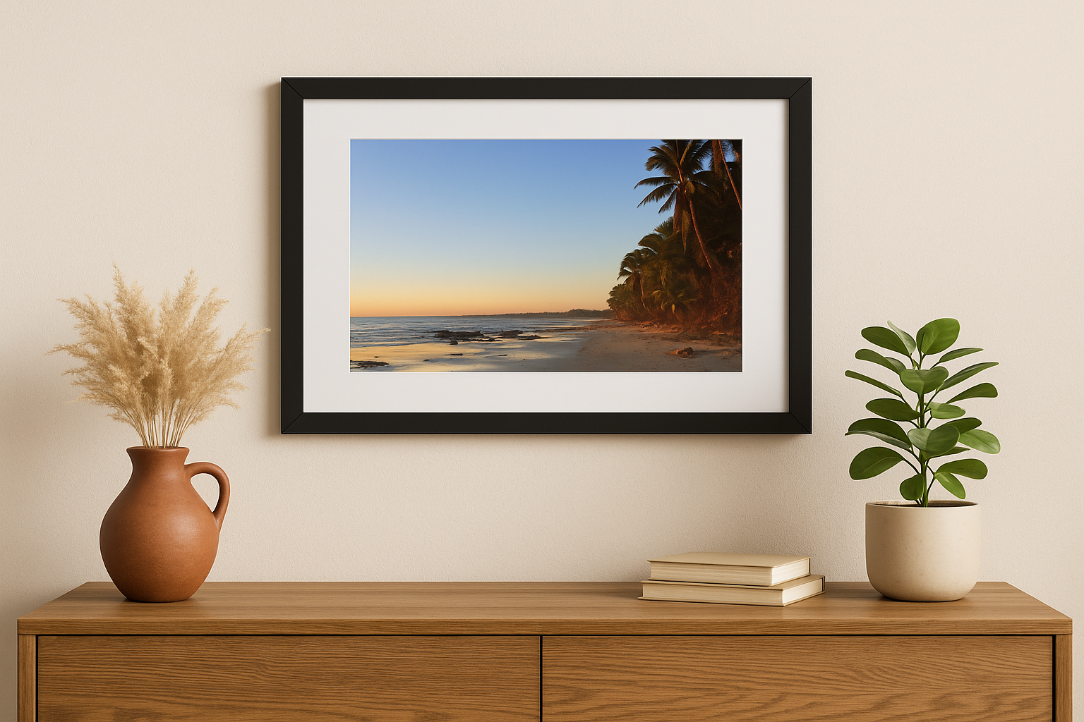 Framed beach print on a wall above a wooden console table with decorative items.