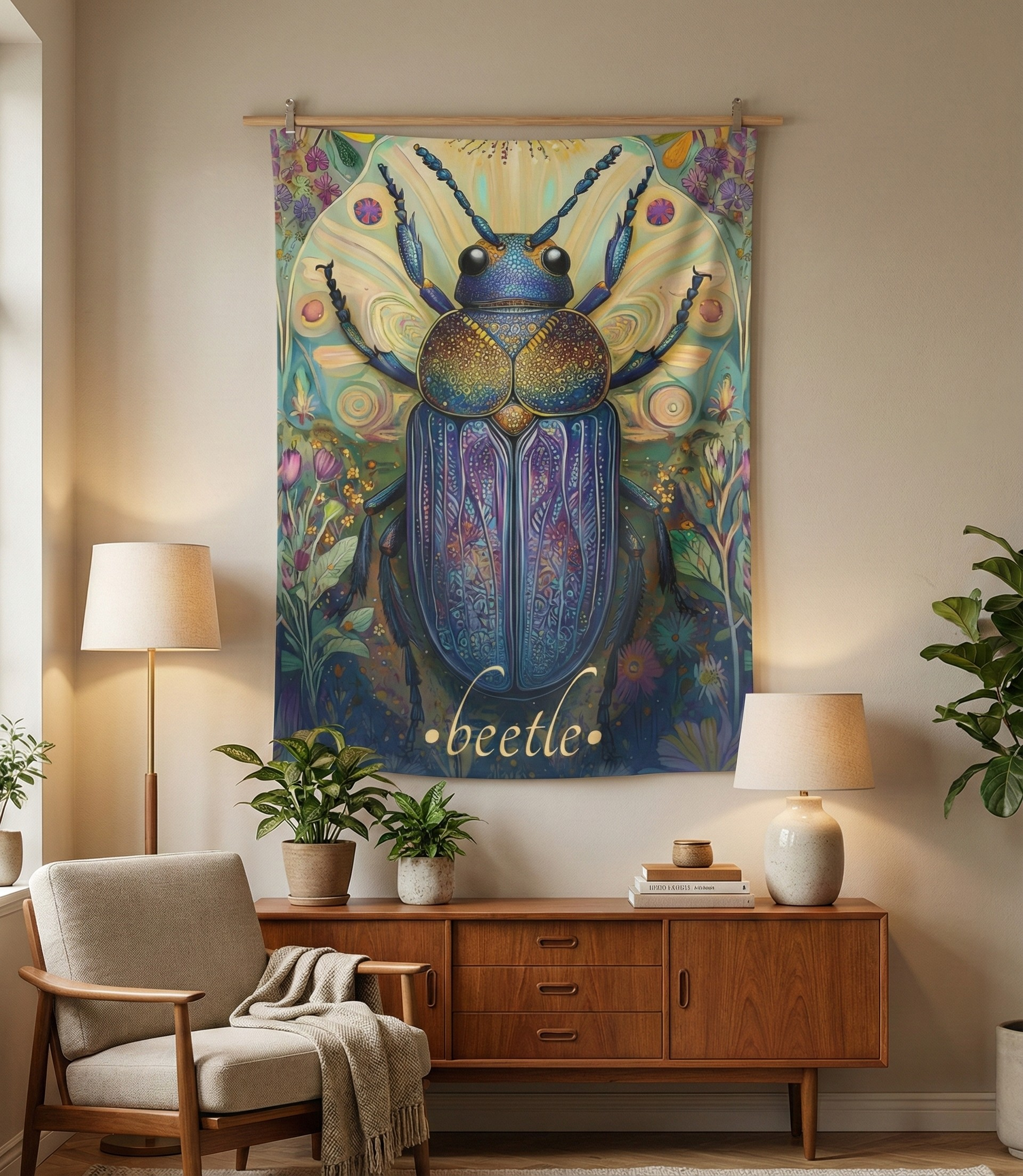 Mystic Beetle Wall Tapestry – Iridescent Insect Art for Magical & Botanical Interiors