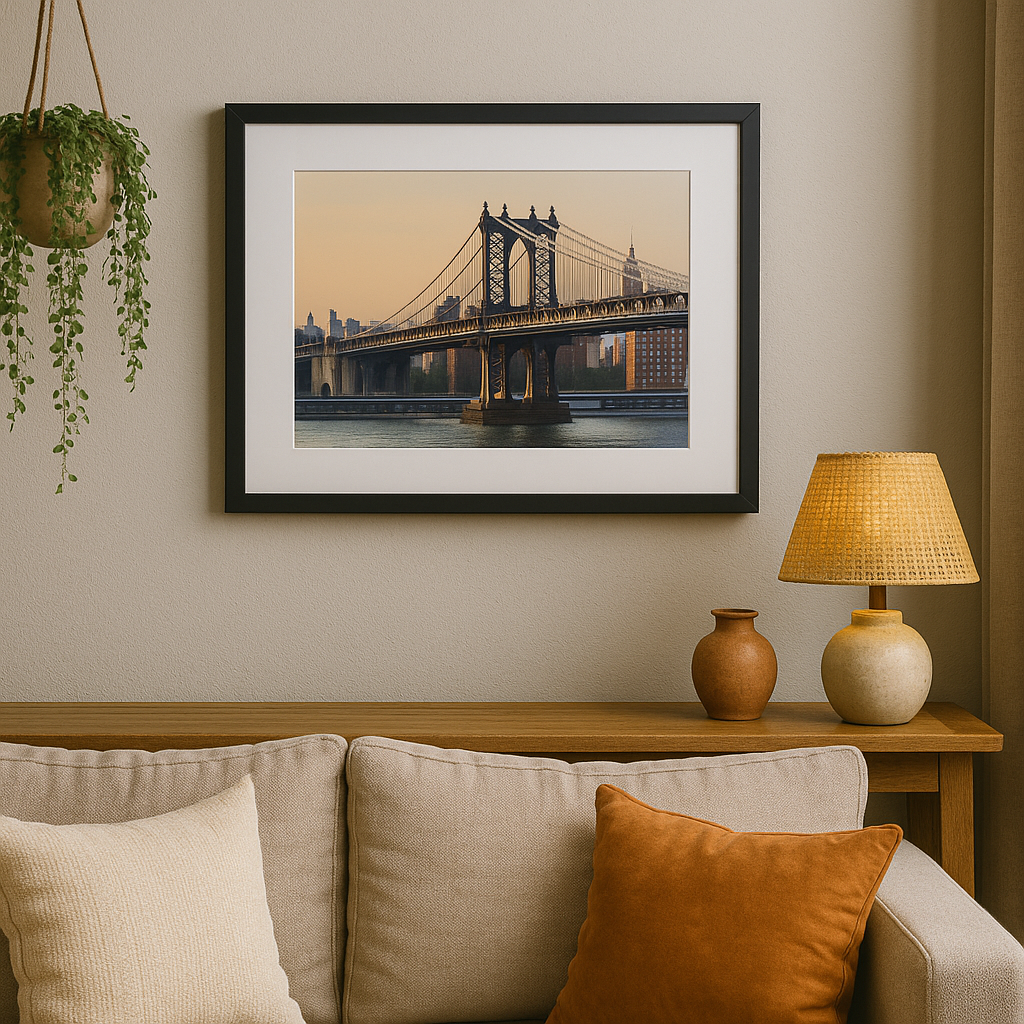 Framed artwork of a bridge on a wall above a sofa with decorative pillows.