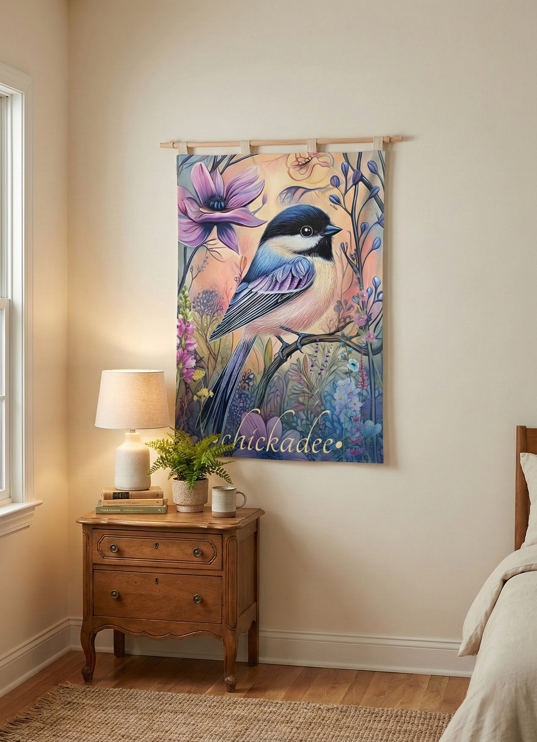 Chickadee Wall Tapestry – Delicate Songbird Art for Soft, Nature-Inspired Spaces