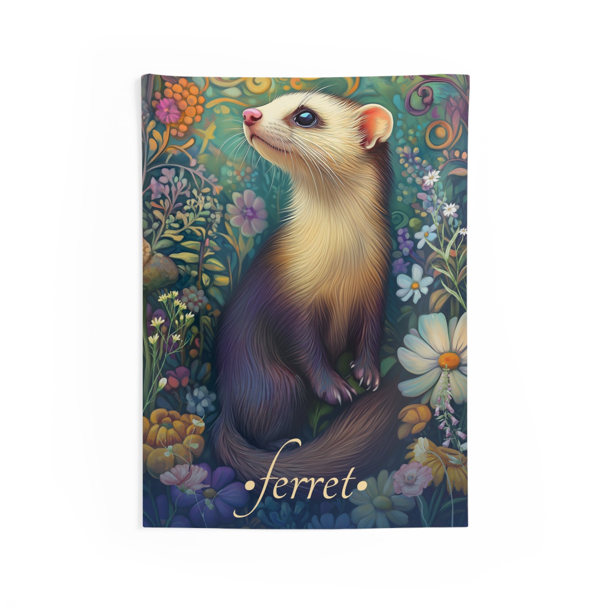A wall tapestry featuring a whimsical illustration of a ferret surrounded by floral blooms.