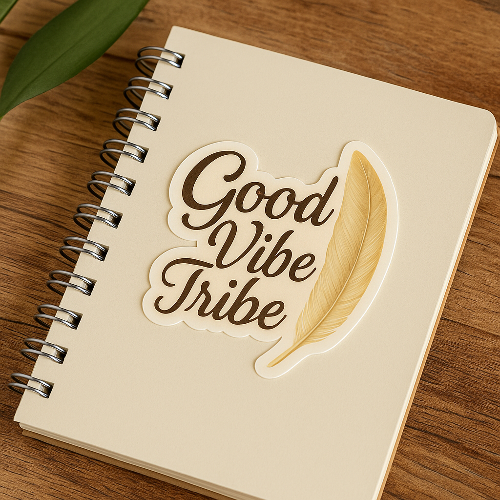 Notebook with 'Good Vibe Tribe' sticker on a wooden surface