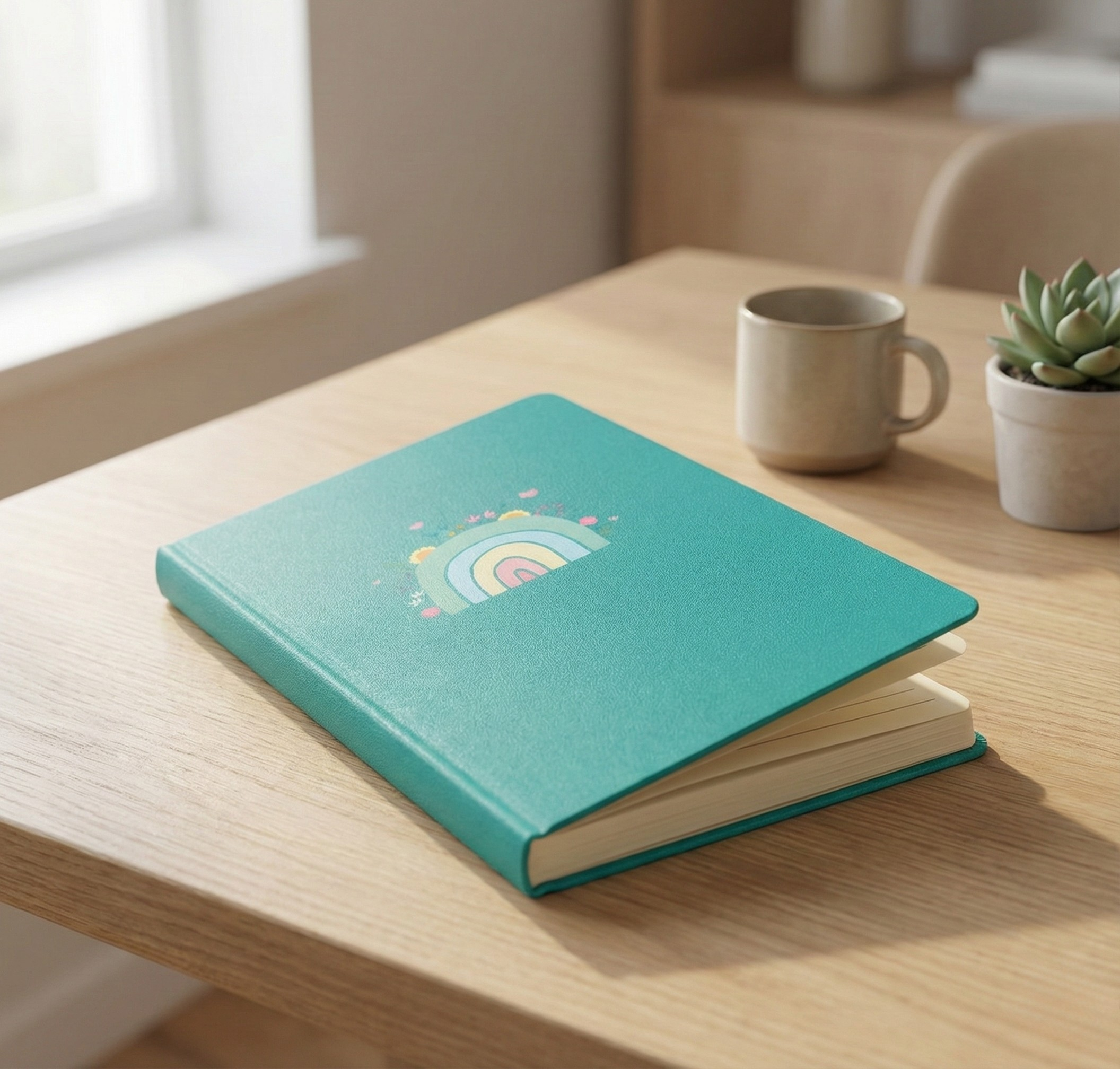 Turquoise notebook with a rainbow design on a wooden table with a cup and plant in the background.