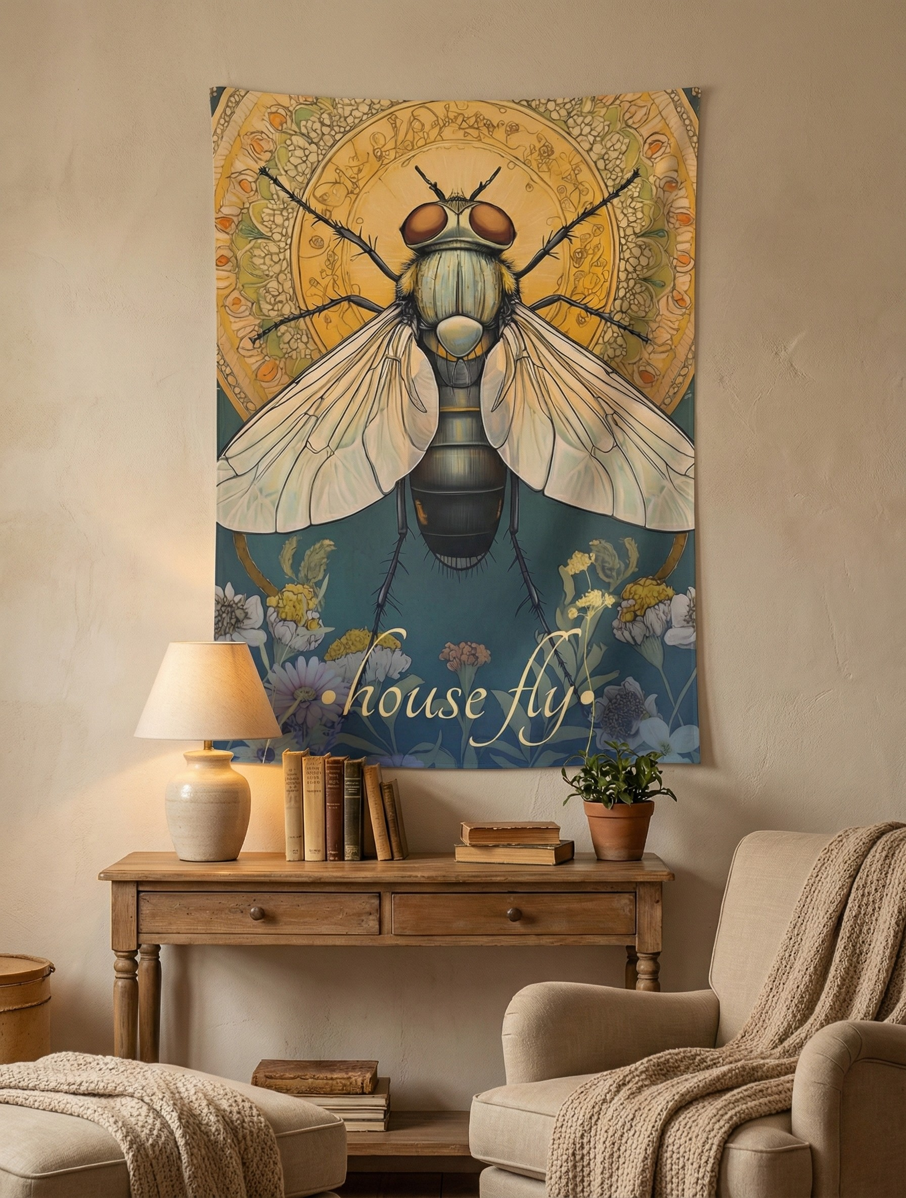 Sacred House Fly Wall Tapestry – Unusual Insect Art for Bold, Botanical Interiors