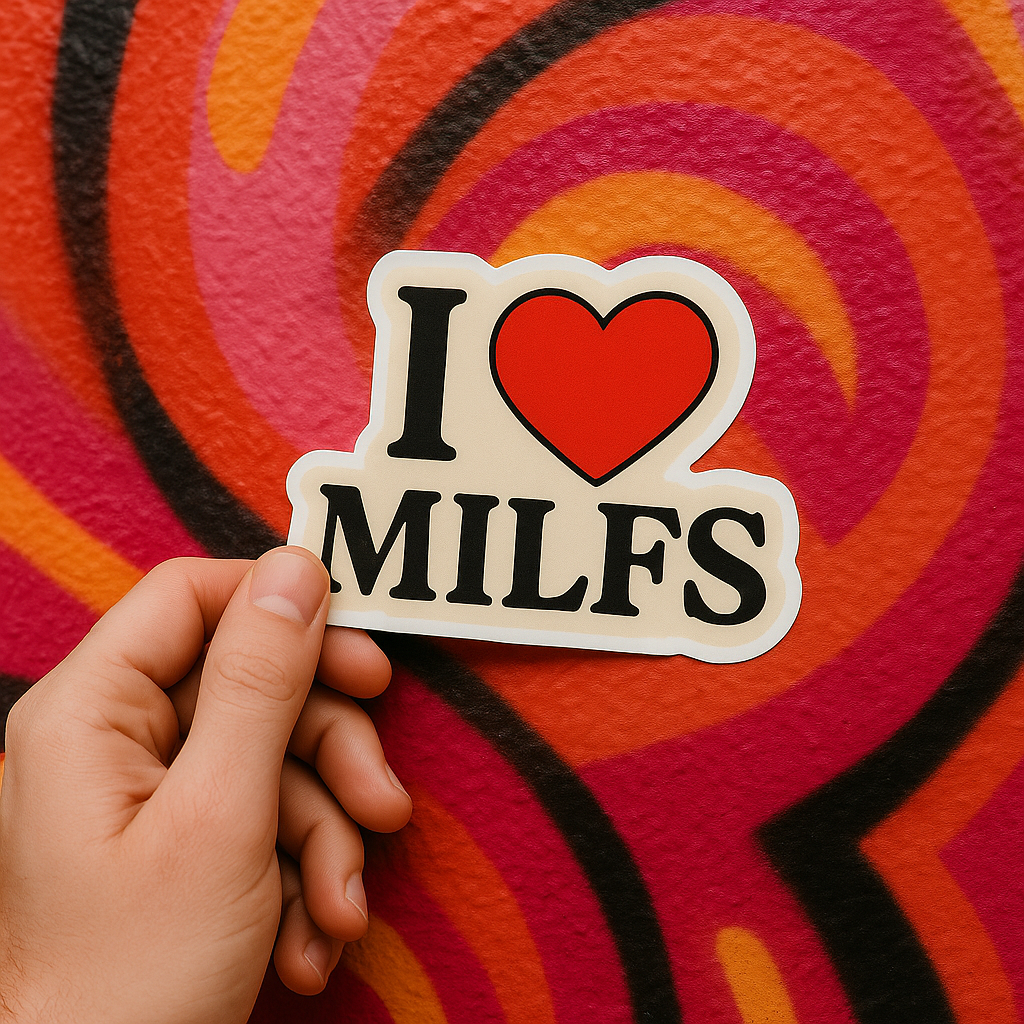 Hand holding a 'I ❤️ MILFS' sticker against a colorful abstract background