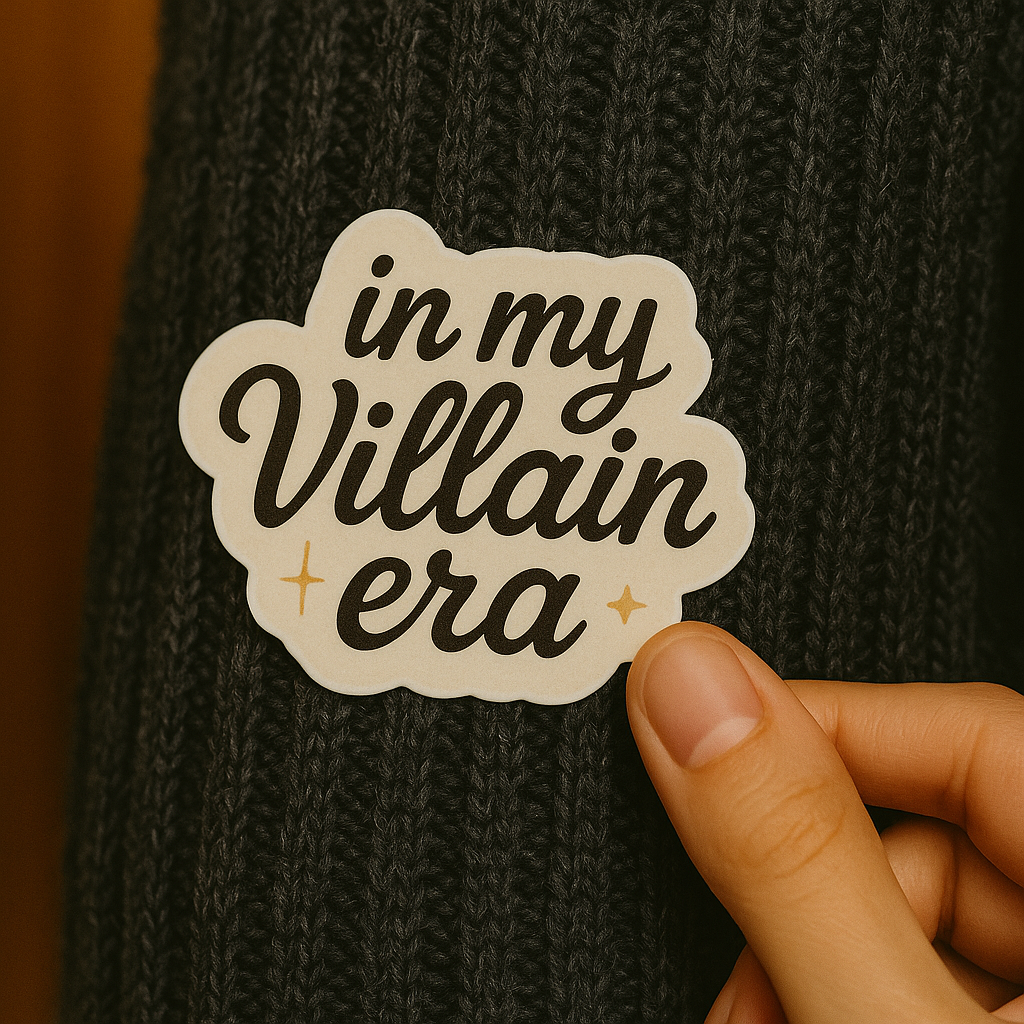 Sticker with 'in my Villain era' text on a textured black surface