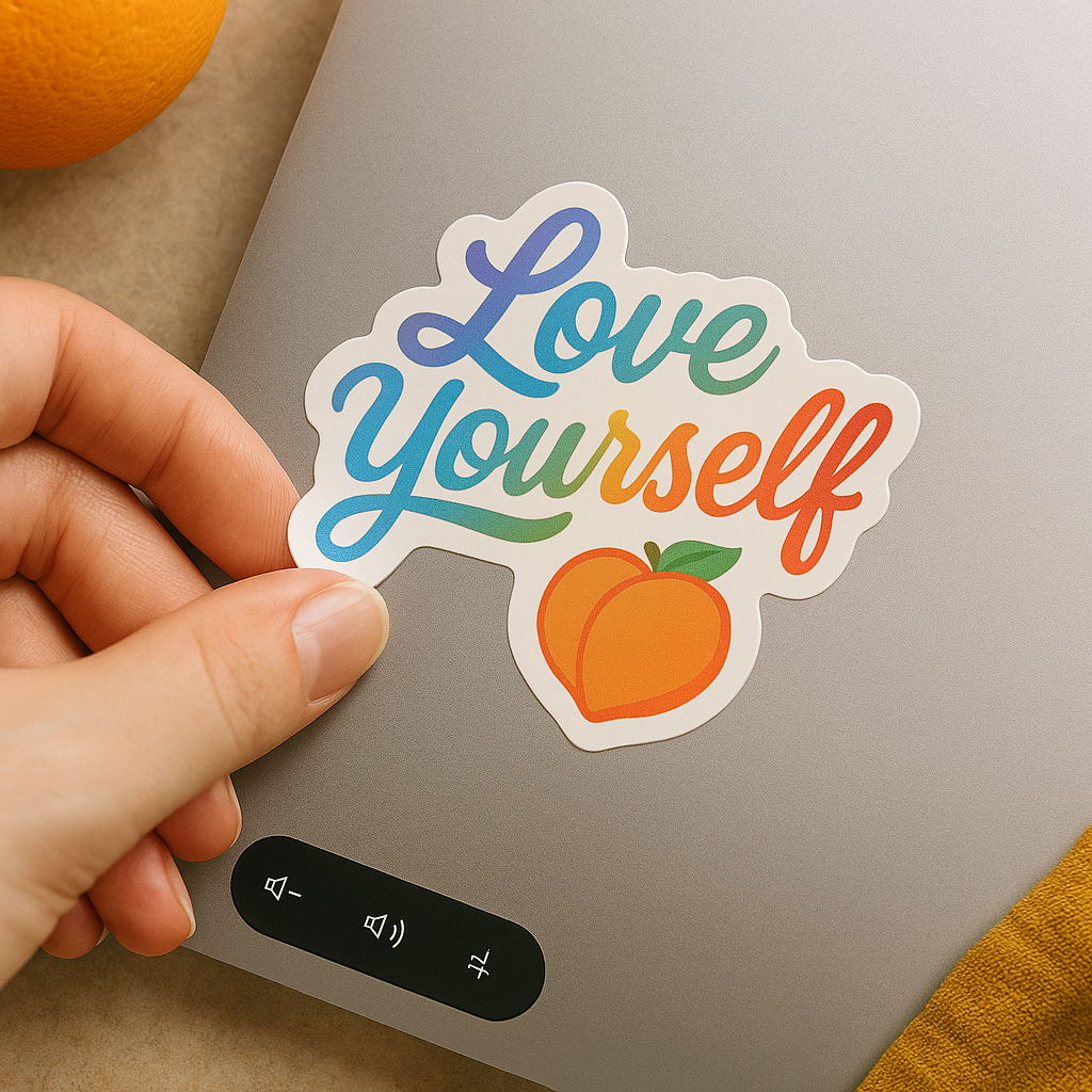 Hand holding a laptop with a 'Love Yourself' sticker featuring an peach with a cute green leaf.