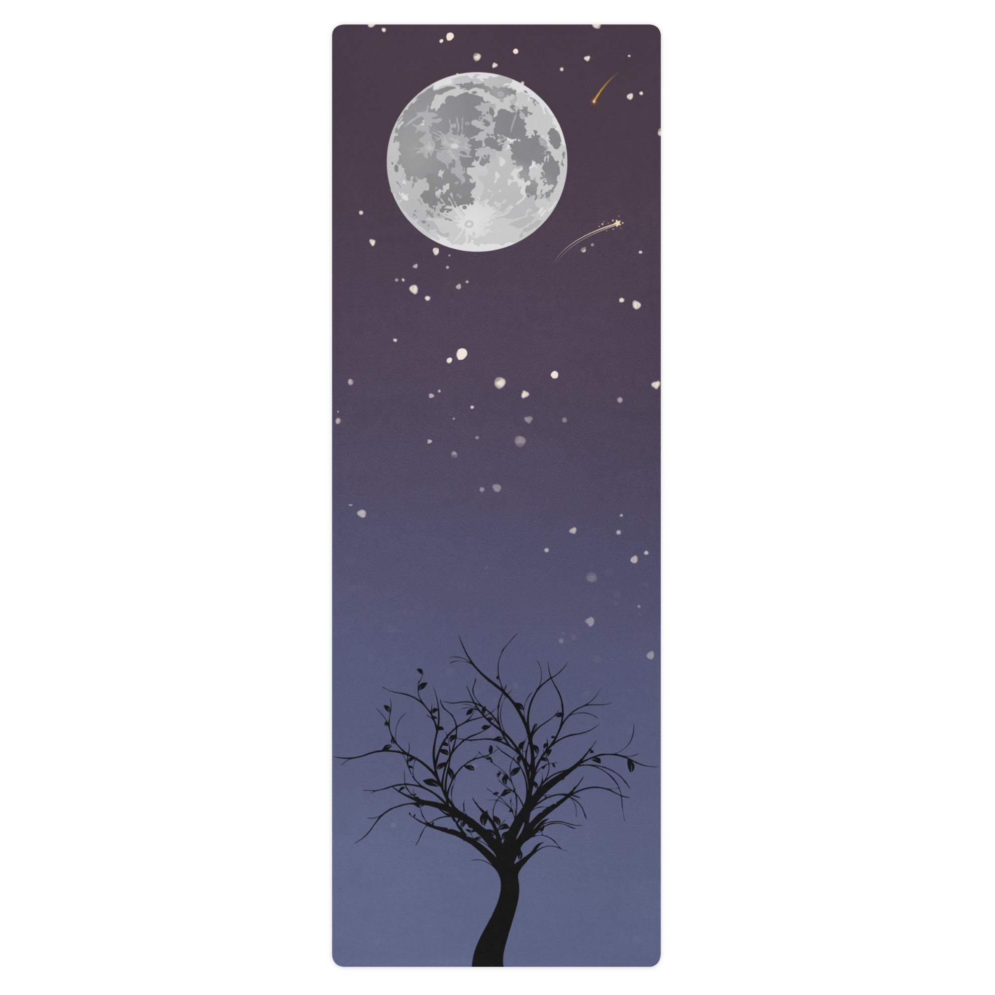 Meteor shower yoga mat featuring a full moon design with falling stars, shown in use with feet positioned on the mat.
