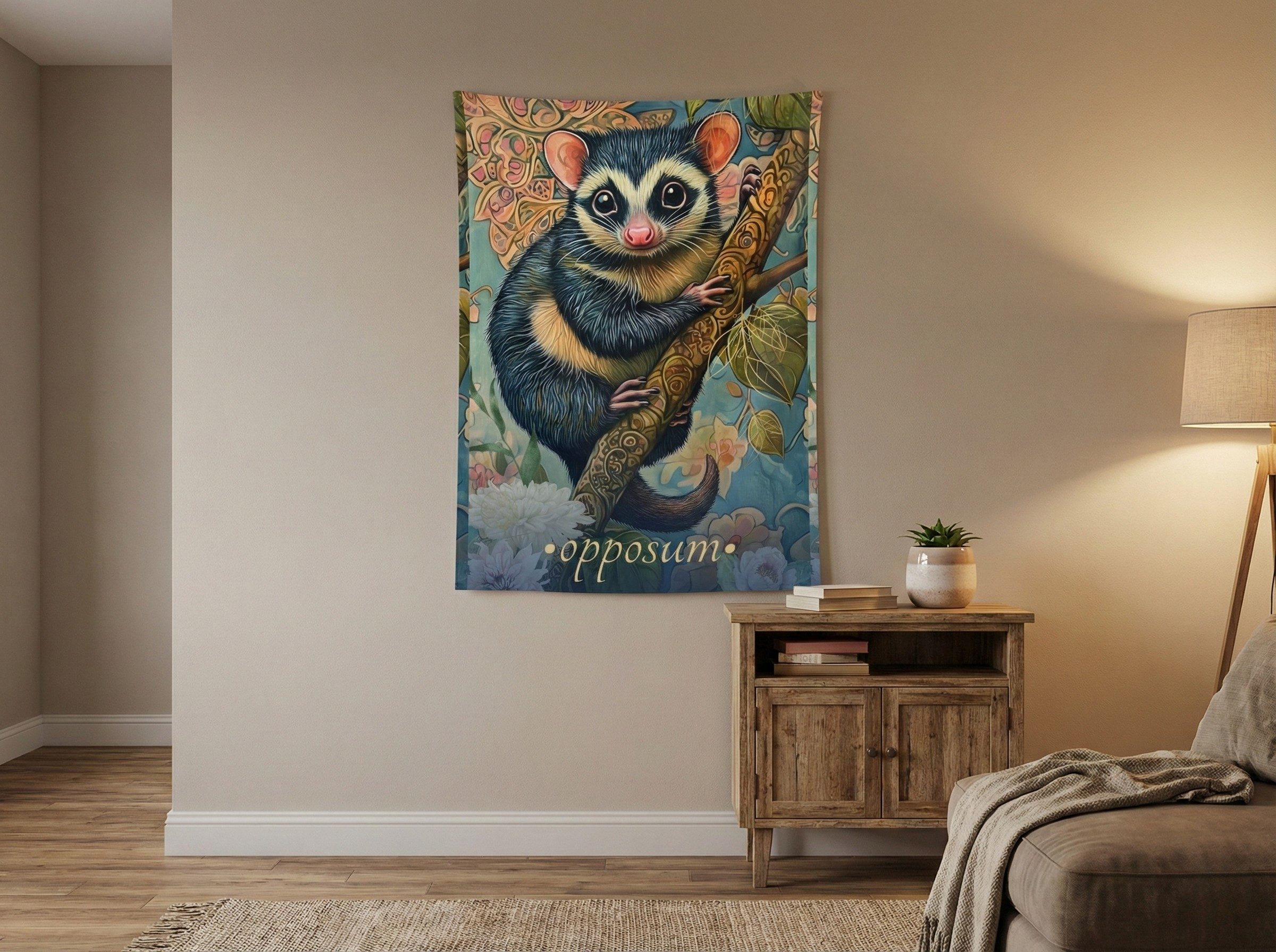 Bohemian Opossum Wall Tapestry – Whimsical Animal Art for Cozy, Nature-Inspired Spaces