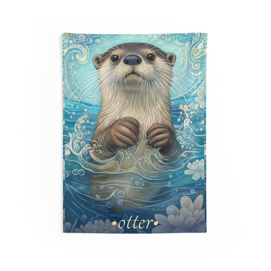 A wall tapestry featuring a whimsical illustration of an otter with a playful expression, surrounded by blue water and lilies.