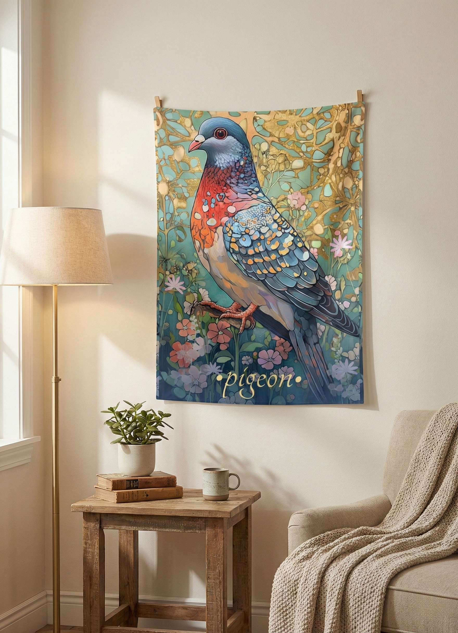 Enchanted Pigeon Wall Tapestry – Colorful Urban Bird Art for Botanical & Boho Homes
