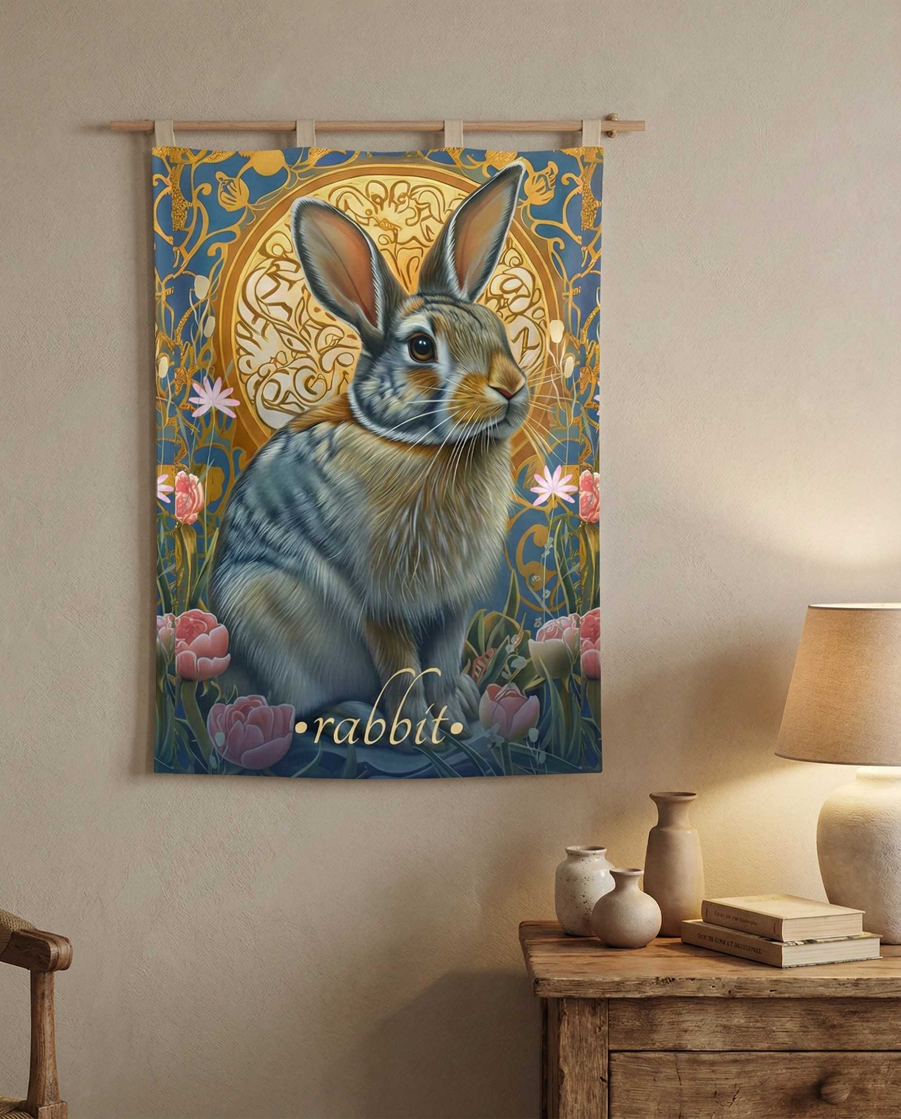 Golden Rabbit Wall Tapestry – Gentle Nature-Inspired Art for Whimsical and Peaceful Spaces