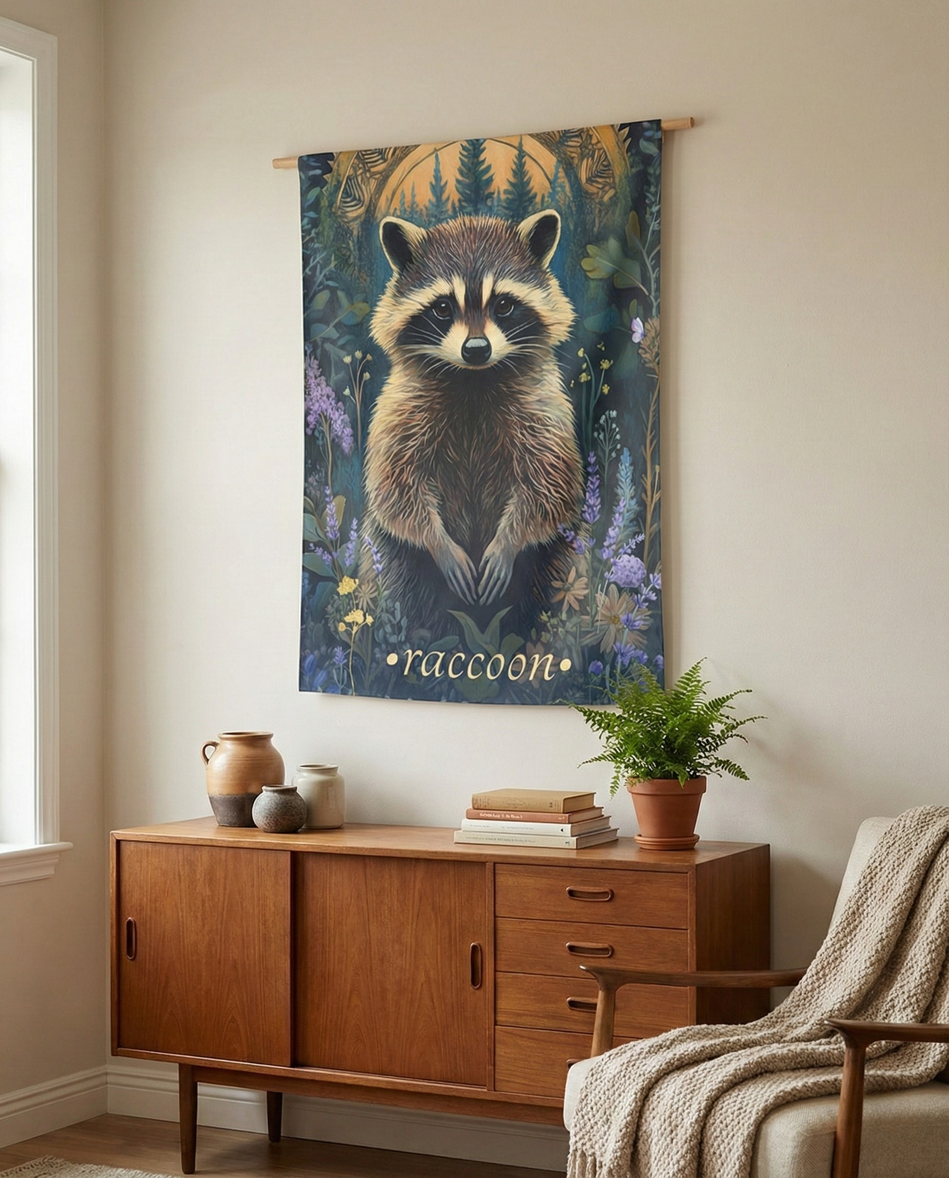 Boho Raccoon Wall Tapestry – Whimsical Forest Animal Art for Curious, Cozy Interiors