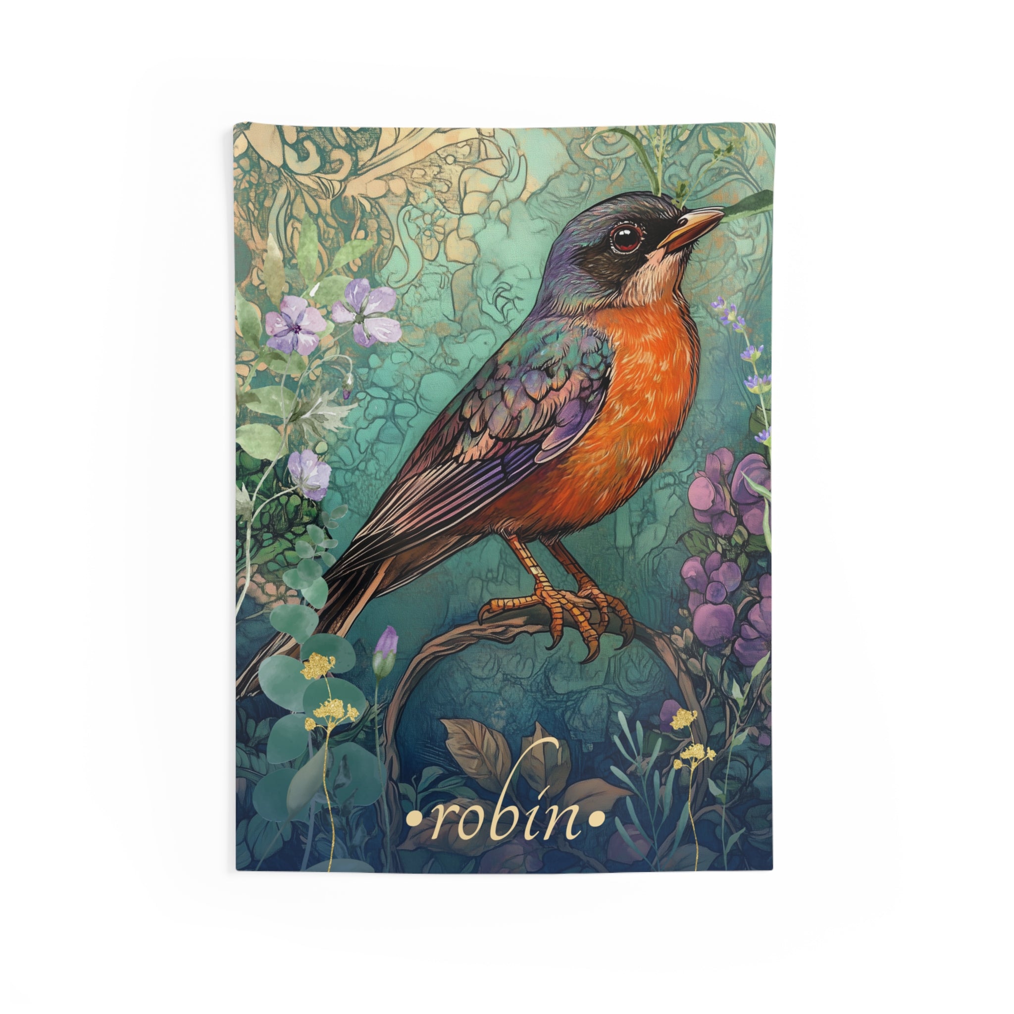 A wall tapestry featuring a colorful illustration of a robin bird perched on a branch with floral elements in the background, the word 'robin' displayed at the bottom.
