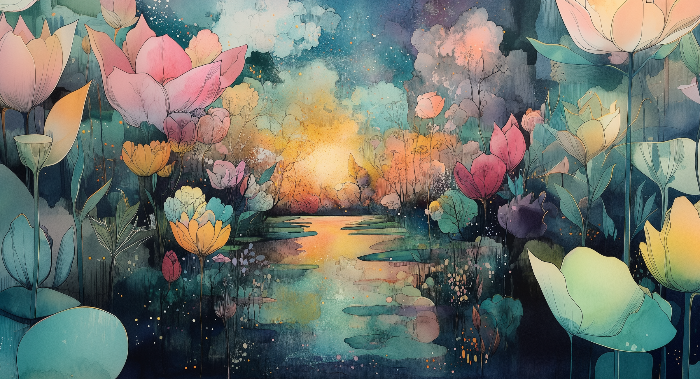 Colorful illustration of flowers and a sunset over a lake.