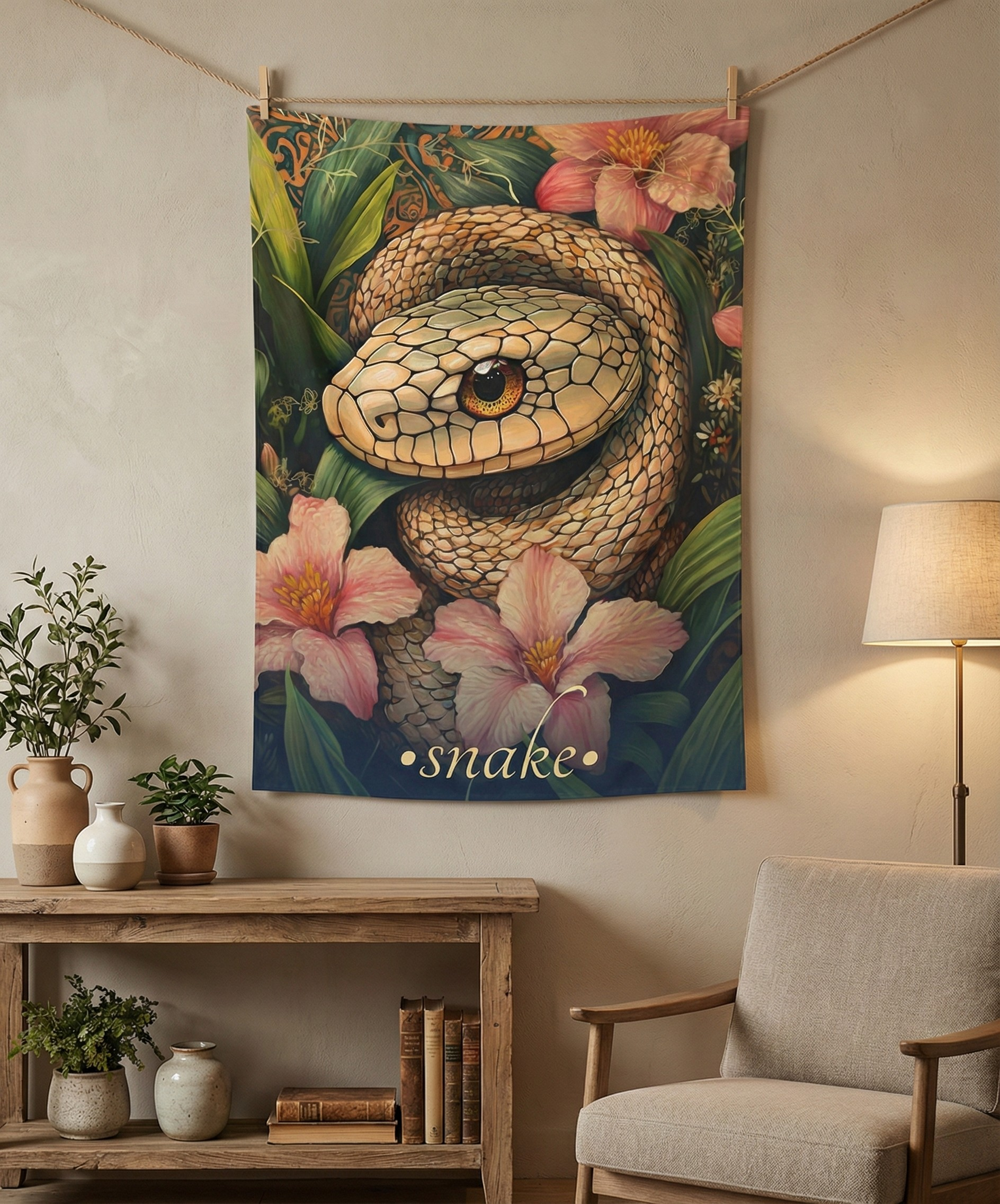 Sacred Snake Wall Tapestry – Botanical Serpent Art for Bold, Intuitive Interiors