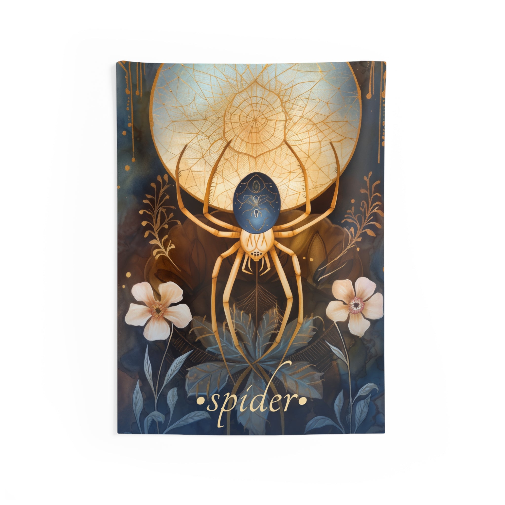 A decorative wall tapestry featuring a golden spider at the center with a glowing web, surrounded by ethereal flowers against a midnight blue and amber background.