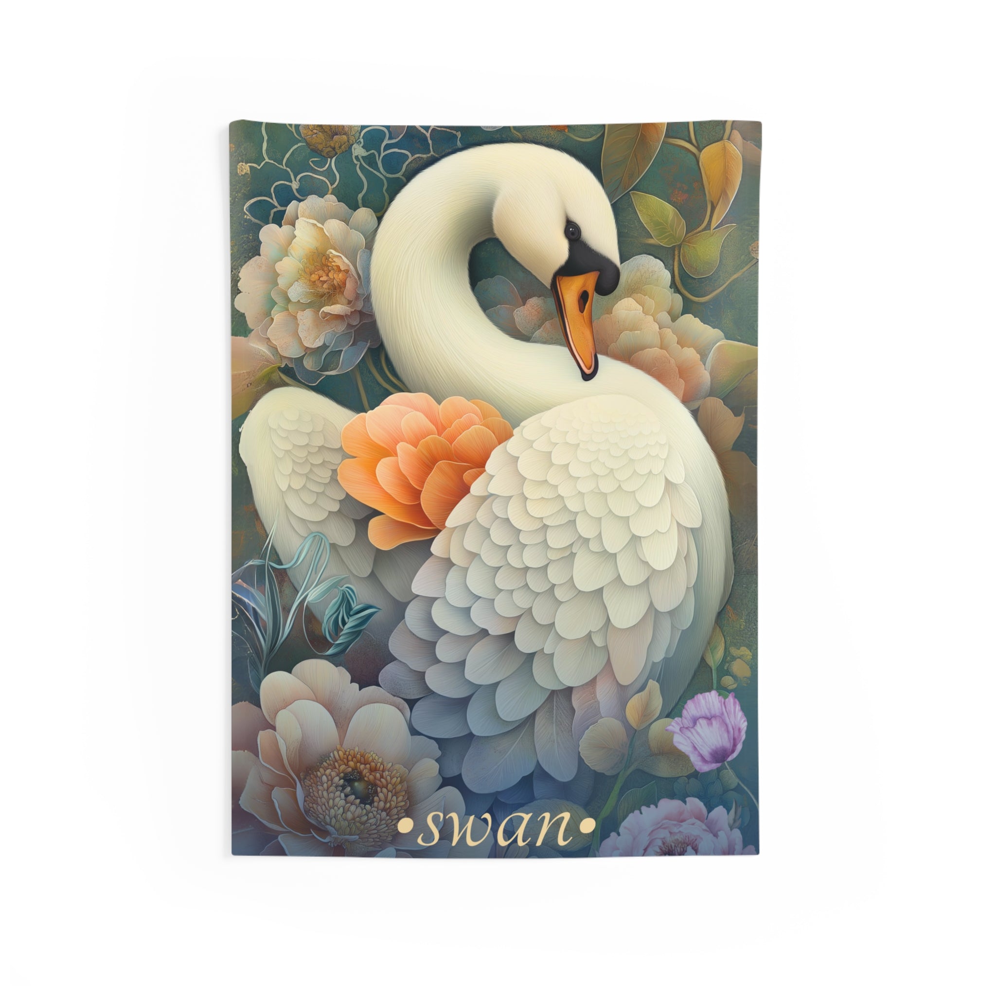 A wall tapestry featuring a white swan surrounded by a floral design with pastel colors and a blue background at the top.