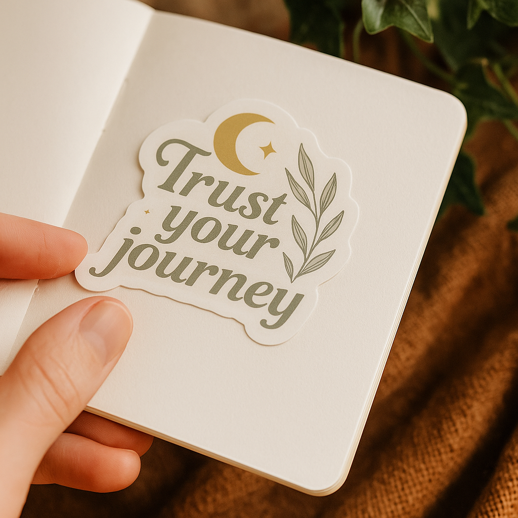 Hand holding a small notebook with a 'Trust your journey' sticker on a textured surface.