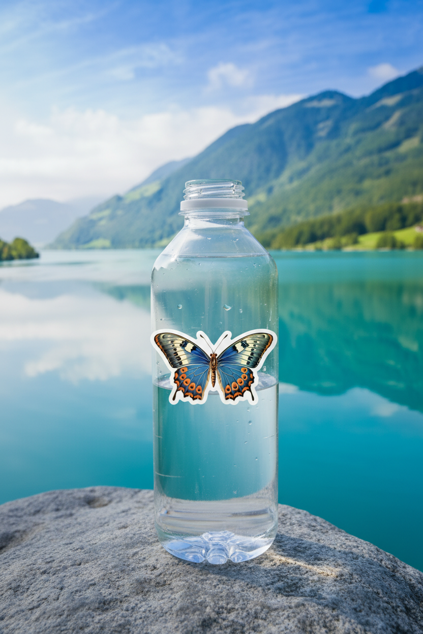 Butterfly sticker on water bottle by lake