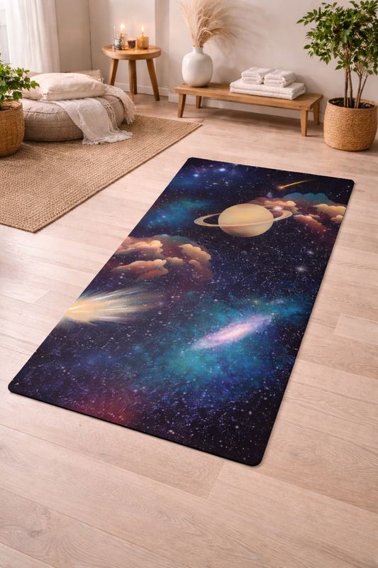 Cosmic Galaxy Yoga Mat featuring an anti-slip rubber base and a soft microsuede top, perfect for yoga, stretching, and meditation; dimensions 24" x 68".
