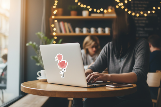 Flamingo sticker on laptop at café