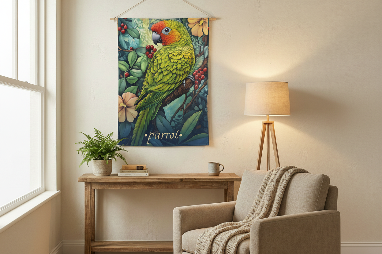 Parrot Tapestry in Boho Living Room