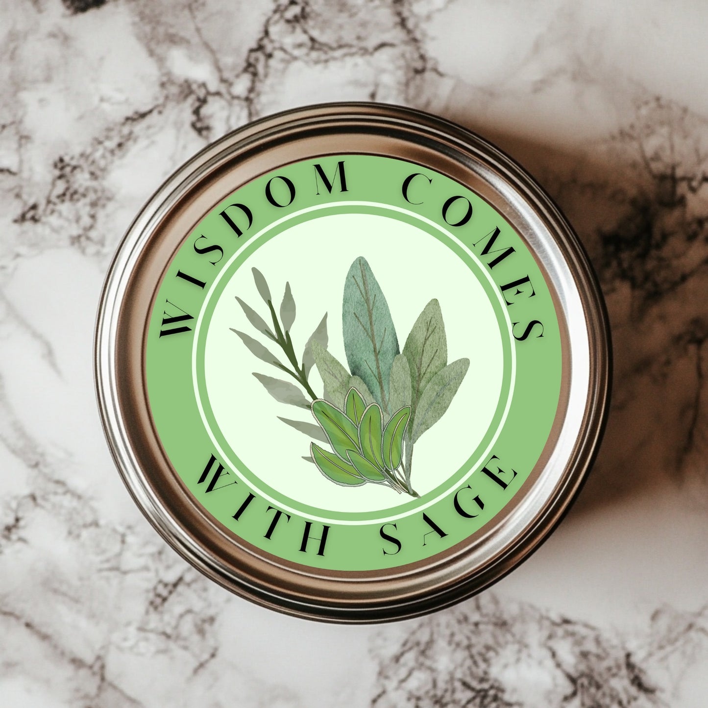 Wisdom Comes With Sage Sticker showcasing a vibrant botanical sage leaf design, perfect for decorating kitchens and gifts, crafted from 2.25" waterproof vinyl.