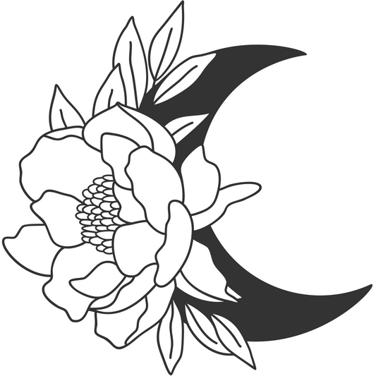 Lunar Garden Waterproof Vinyl Sticker - Elegant Crescent Moon & Flowers, Matte Finish, 2x1.5"