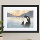 Framed Orca Dawn Watercolor Print showcasing stunning oceanic beauty, perfect centerpiece for decor, featuring the orca watercolor print in a vibrant presentation.
