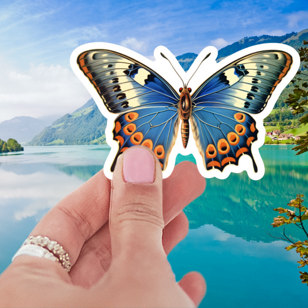 Big Beautiful Butterfly Sticker featuring a vibrant blue and orange design in waterproof matte vinyl, highlighting its beauty and durability.