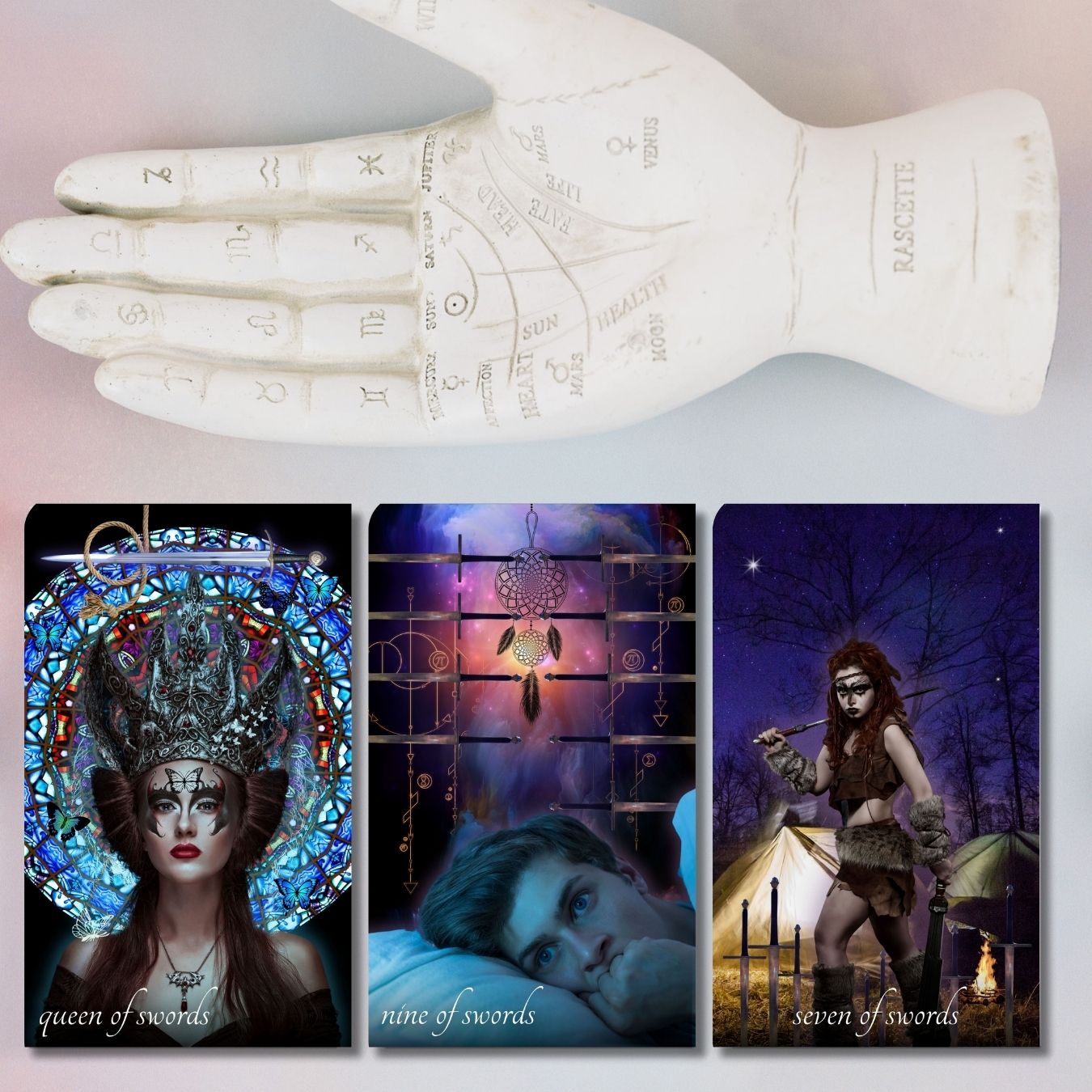 Tarot cards with palm reading