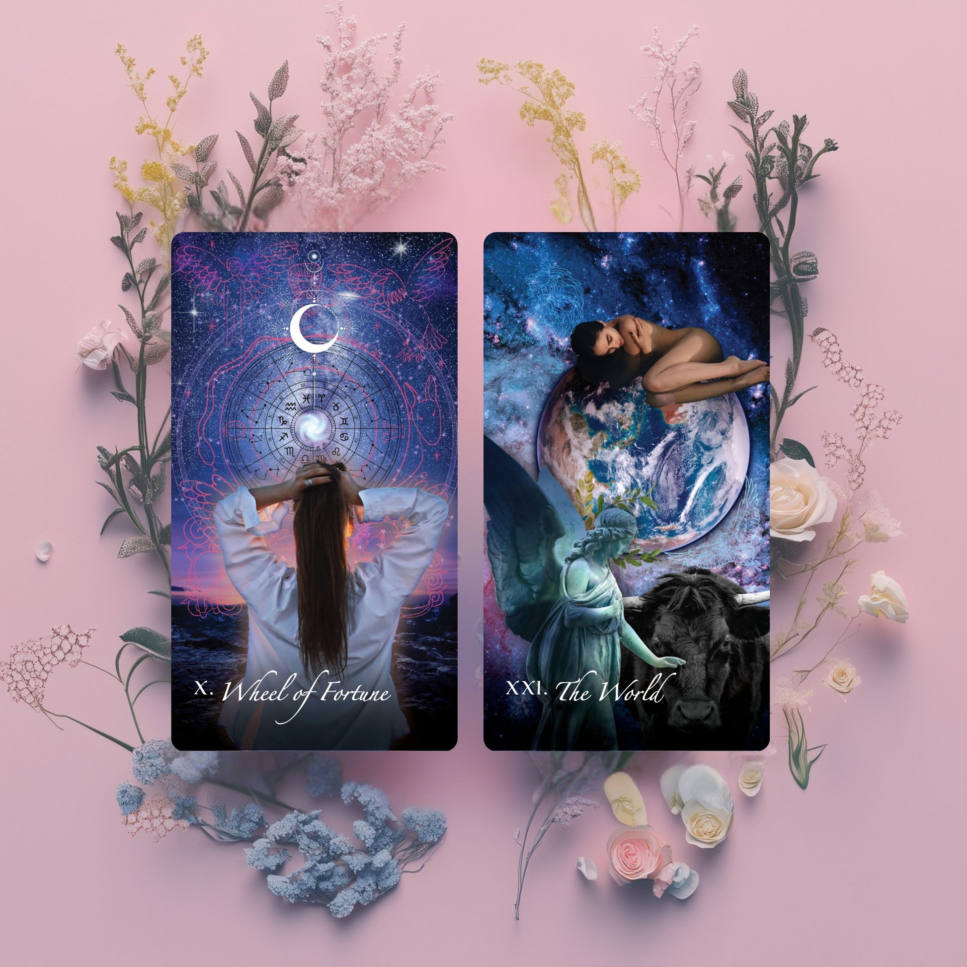 The Wheel of Fortune and The World card from the Moonlight Tarot deck