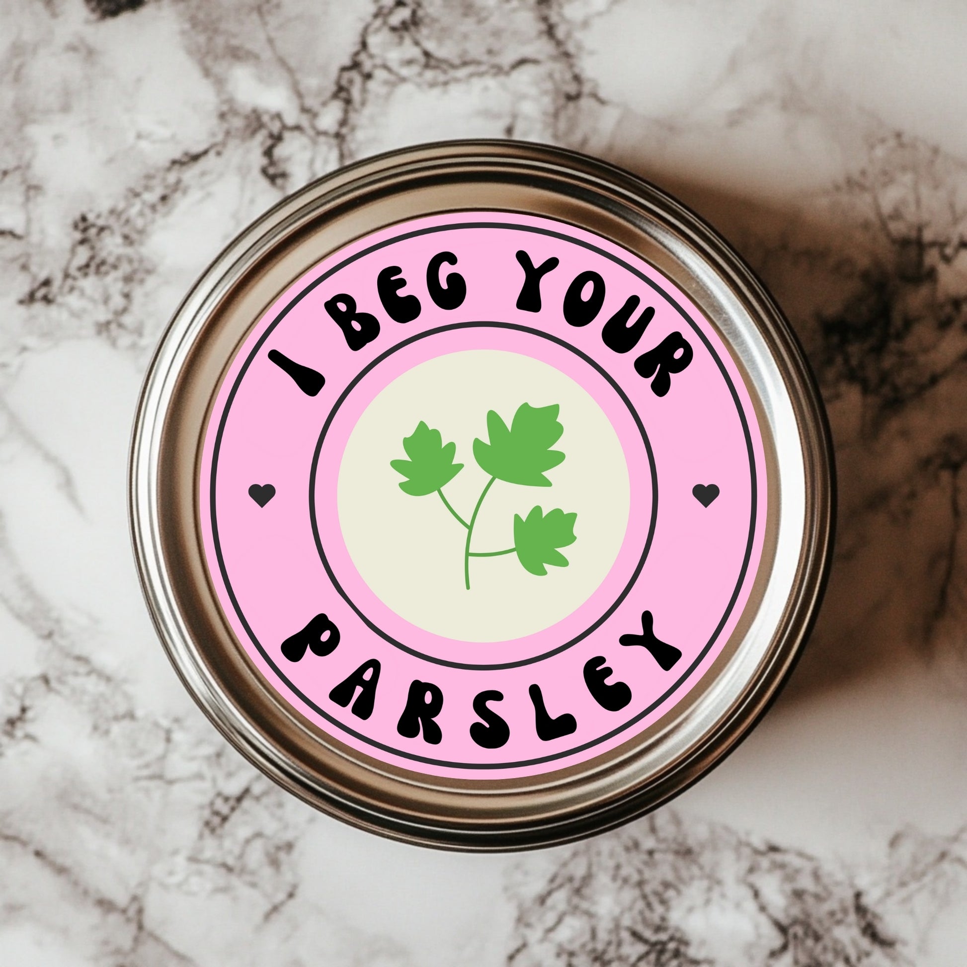 I Beg Your Parsley Sticker - Funny Herb Label, perfect for punny kitchen decor with a charming parsley leaf illustration, designed to add humor to your spice jars.