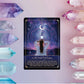 Tarot card with a mystical design on a background of crystals