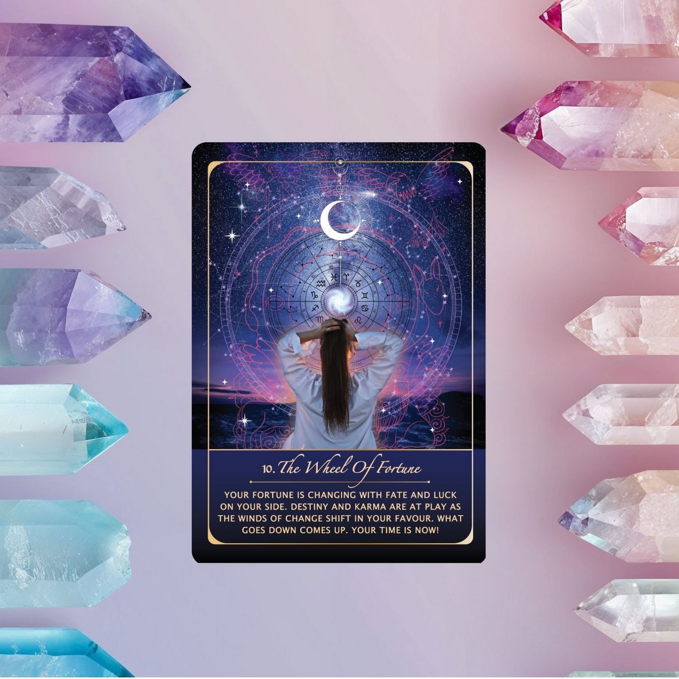 Tarot card with a mystical design on a background of crystals
