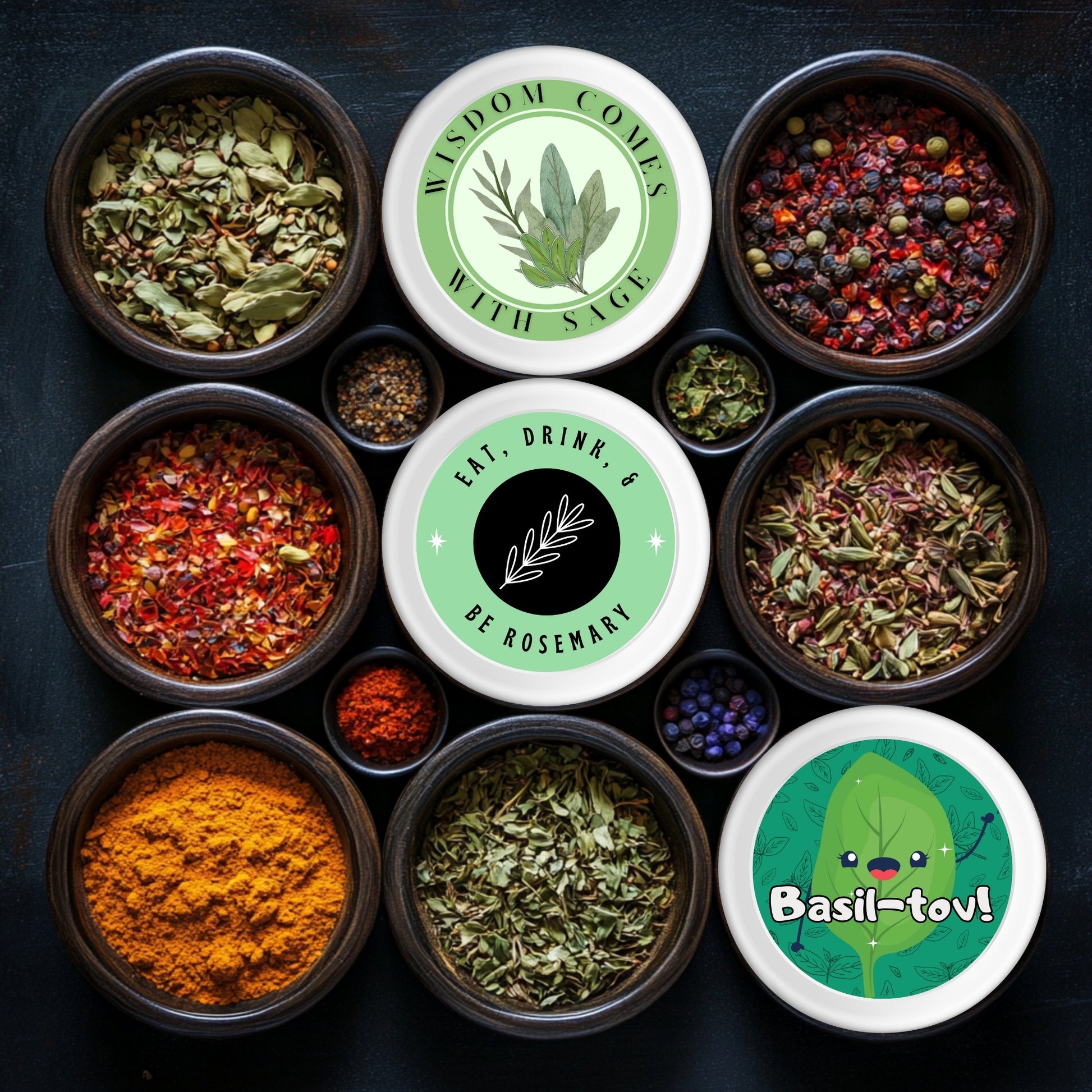 Celebrate with our Basil-Tov! cute 2.25" celebration herb sticker, featuring a smiling basil leaf and colorful confetti, perfect for gifts and decor.