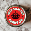 Keep Calm And Curry On Sticker - 2.25 inch vinyl kitchen humor sticker, featuring a playful design and waterproof durability for spice jars, laptops, and quirky home accents.