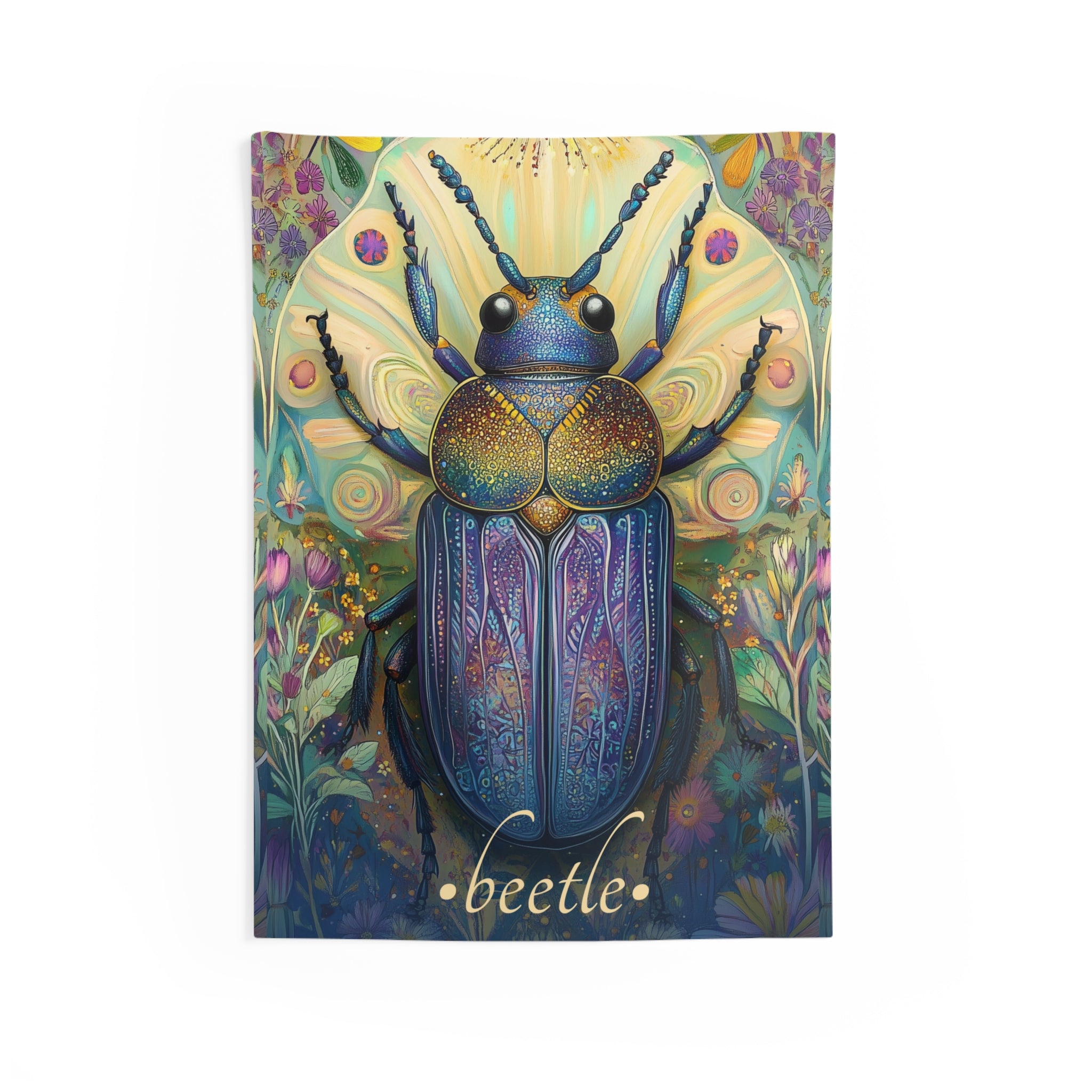 A vibrant wall tapestry featuring a detailed and iridescent illustration of a beetle with wings, set against a colorful floral background.