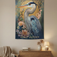 Stunning Blue Heron Wall Tapestry showcasing a graceful heron surrounded by vibrant blooms and a golden backdrop, perfect for peaceful nature-inspired decor. Ideal for anyone seeking serenity in their space, this beautiful Blue Heron Tapestry enhances any indoor atmosphere.