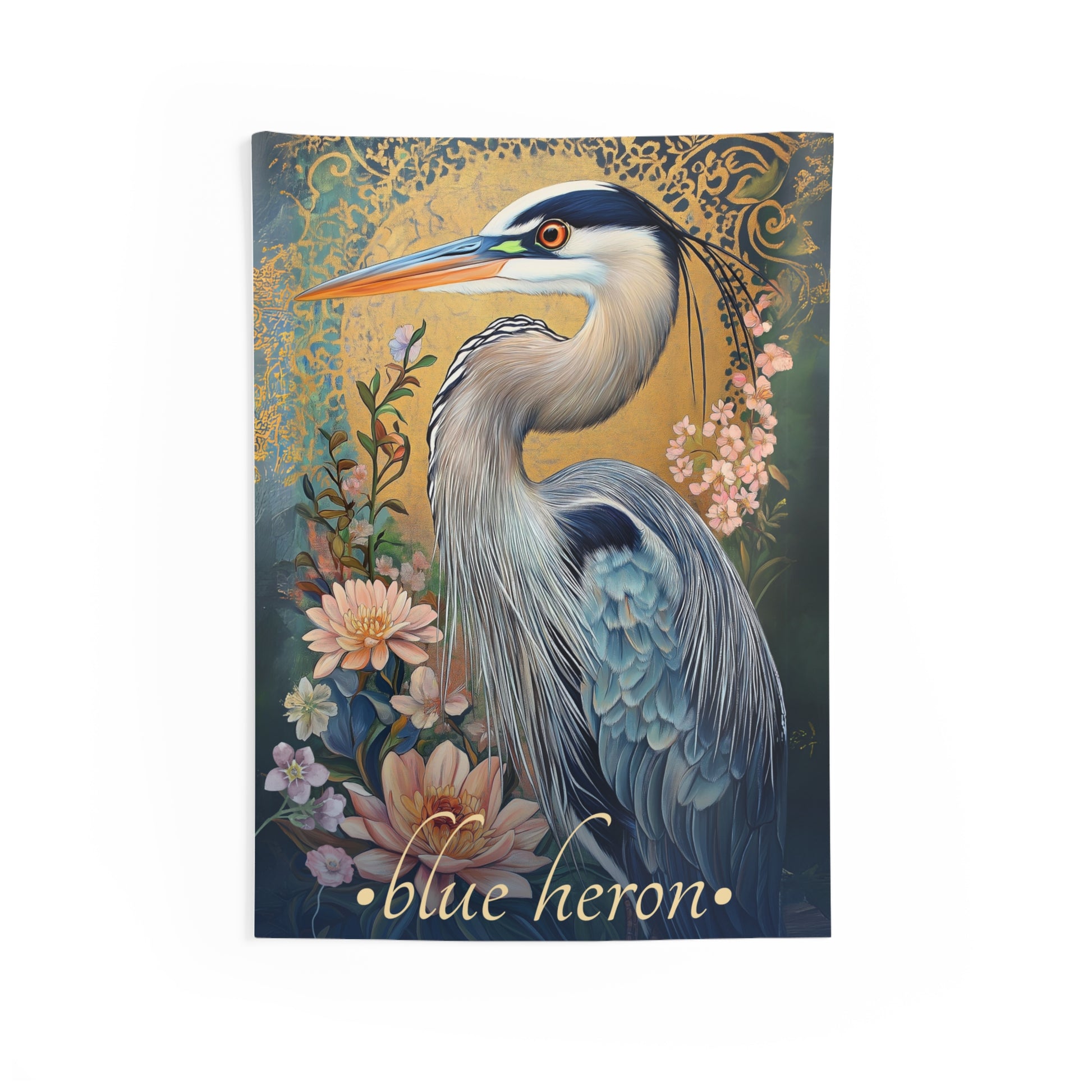 A wall tapestry featuring a detailed illustration of a blue heron surrounded by floral elements, with a golden background.