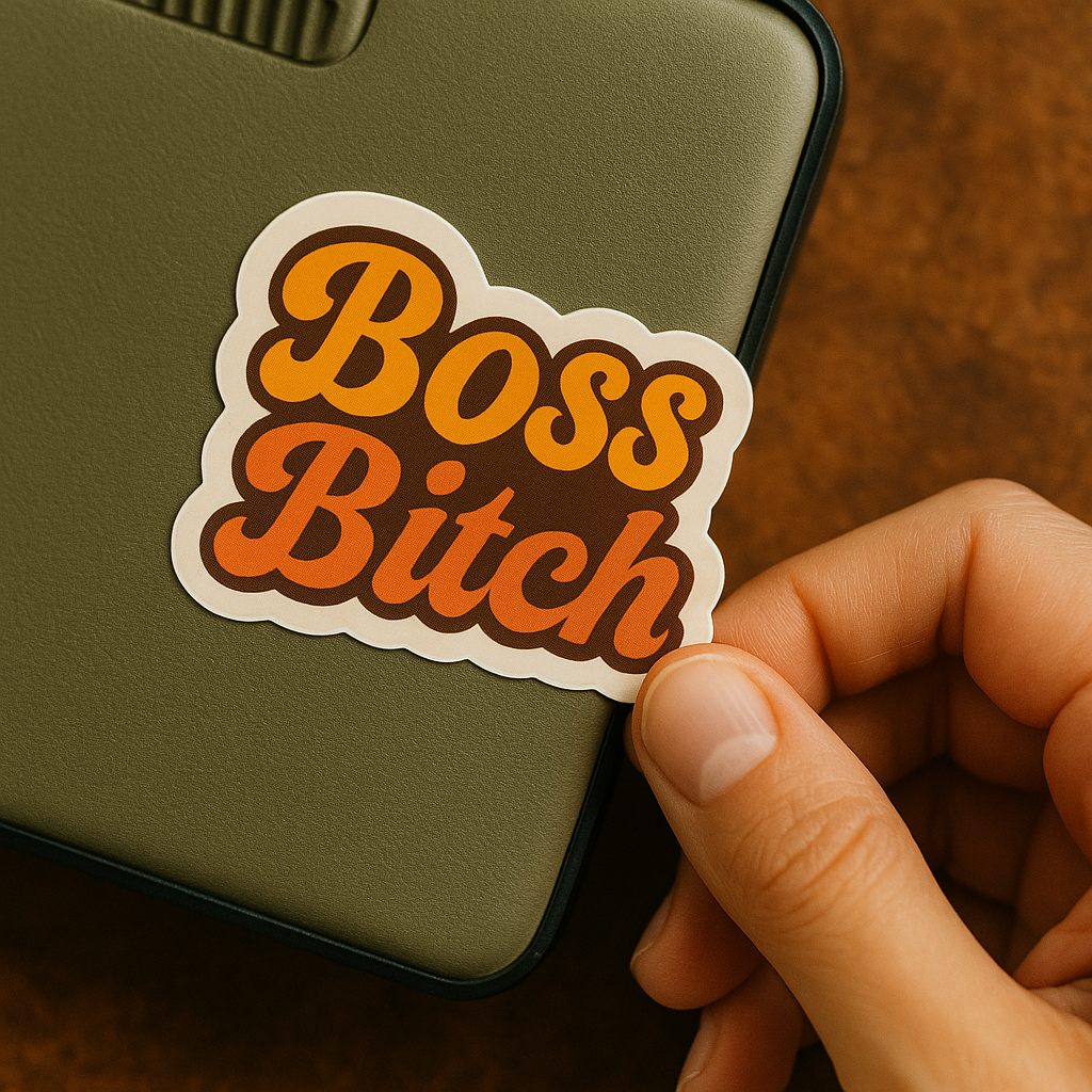 Sticker with 'Boss Bitch' text being applied to a green phone case.