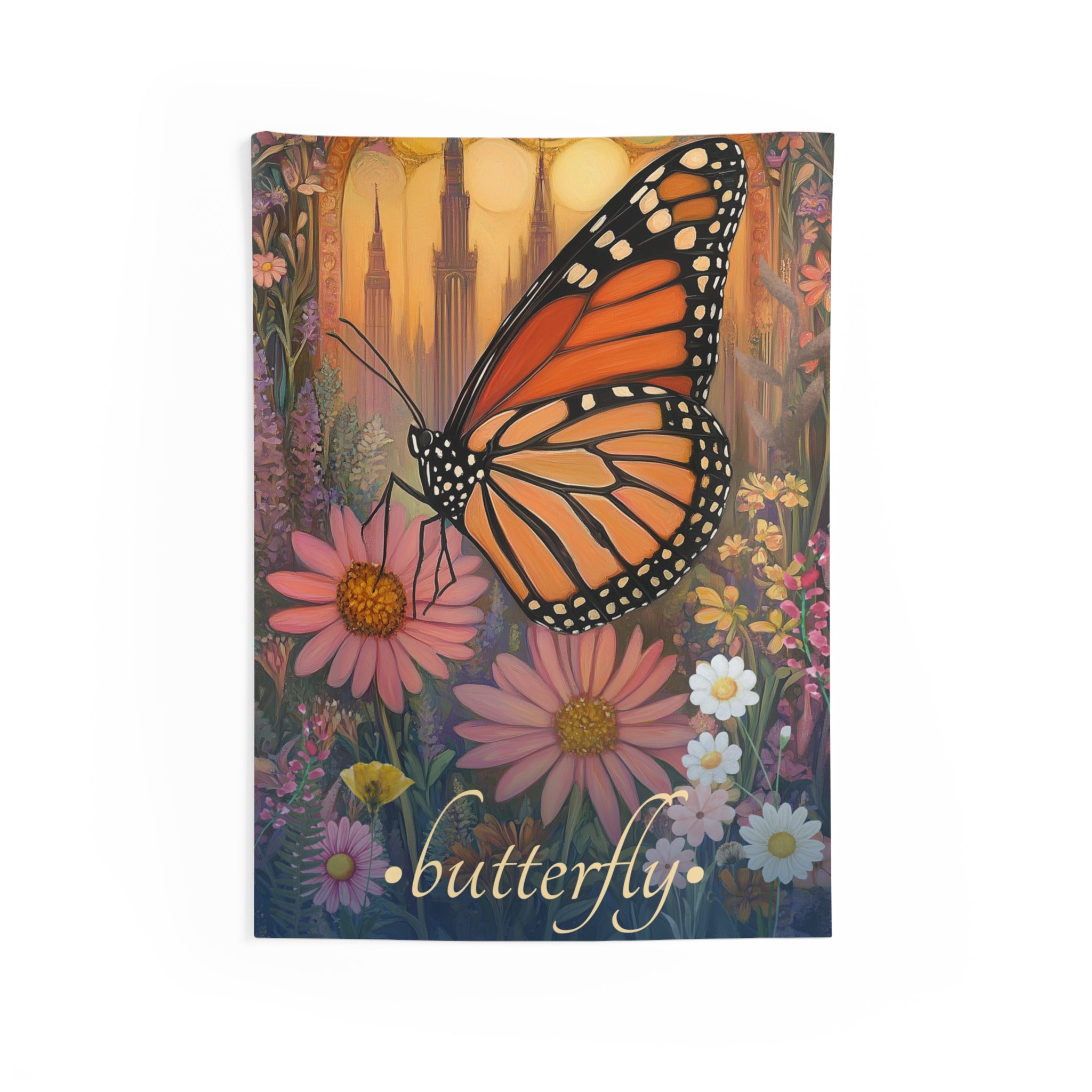 A wall tapestry featuring a vibrant image of a monarch butterfly with its wings open, resting on a bed of colorful wildflowers against a golden sky background.