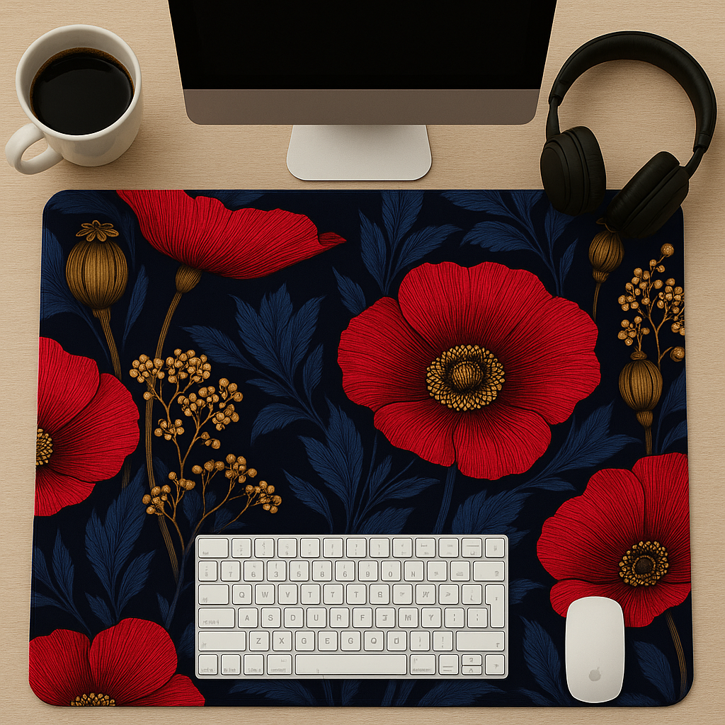 Vivid Poppy Desk Mat - 100% Polyester Anti-Slip Gaming and Work Surface with Durable Hemmed Edges