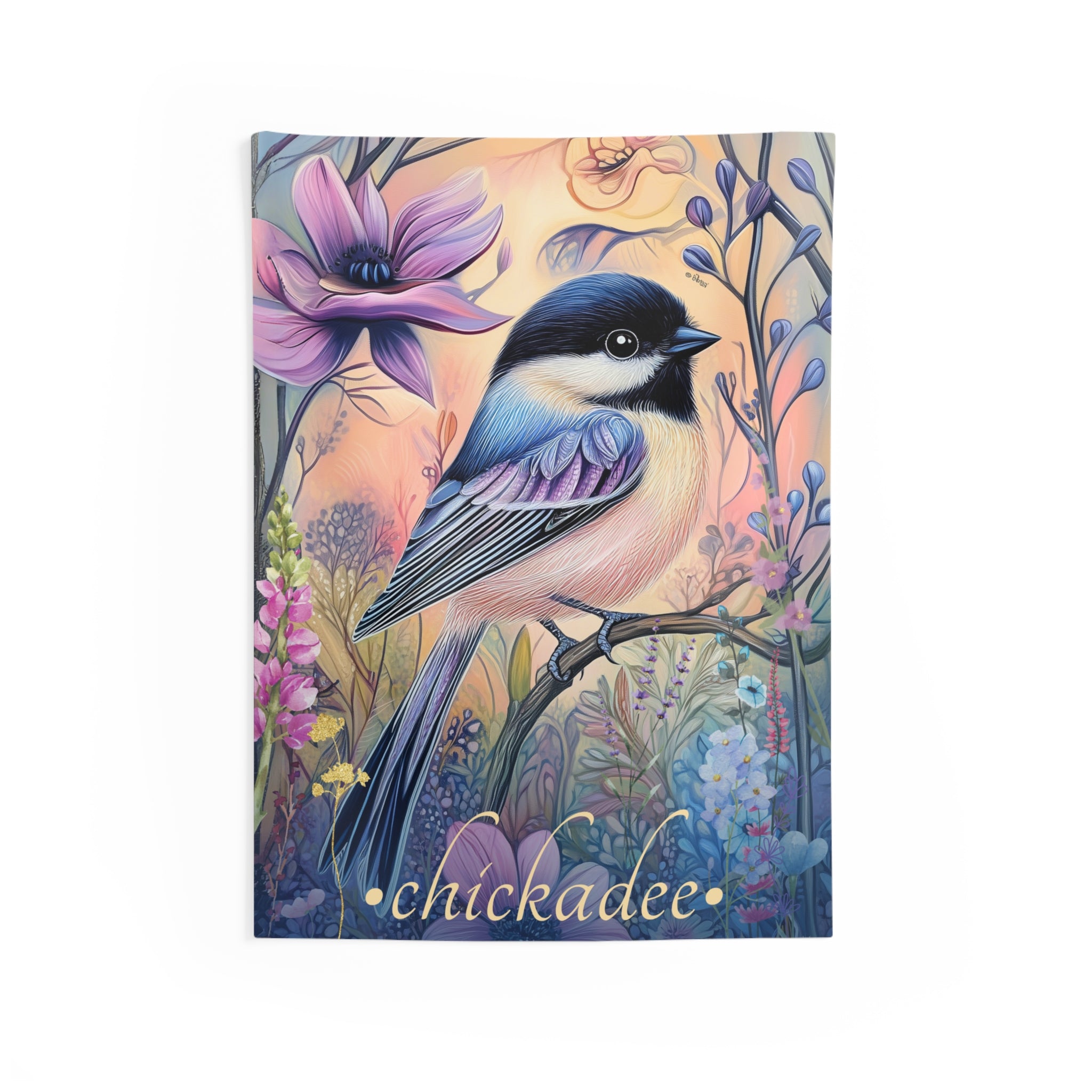 A wall tapestry featuring a detailed illustration of a chickadee bird perched among floral elements, with a soft color palette and a hemmed edge design.