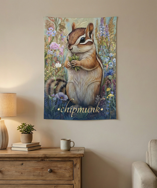 Charming Chipmunk Wall Tapestry showcasing whimsical animal art featuring a playful chipmunk surrounded by vibrant meadow blooms, perfect for nature-inspired decor.