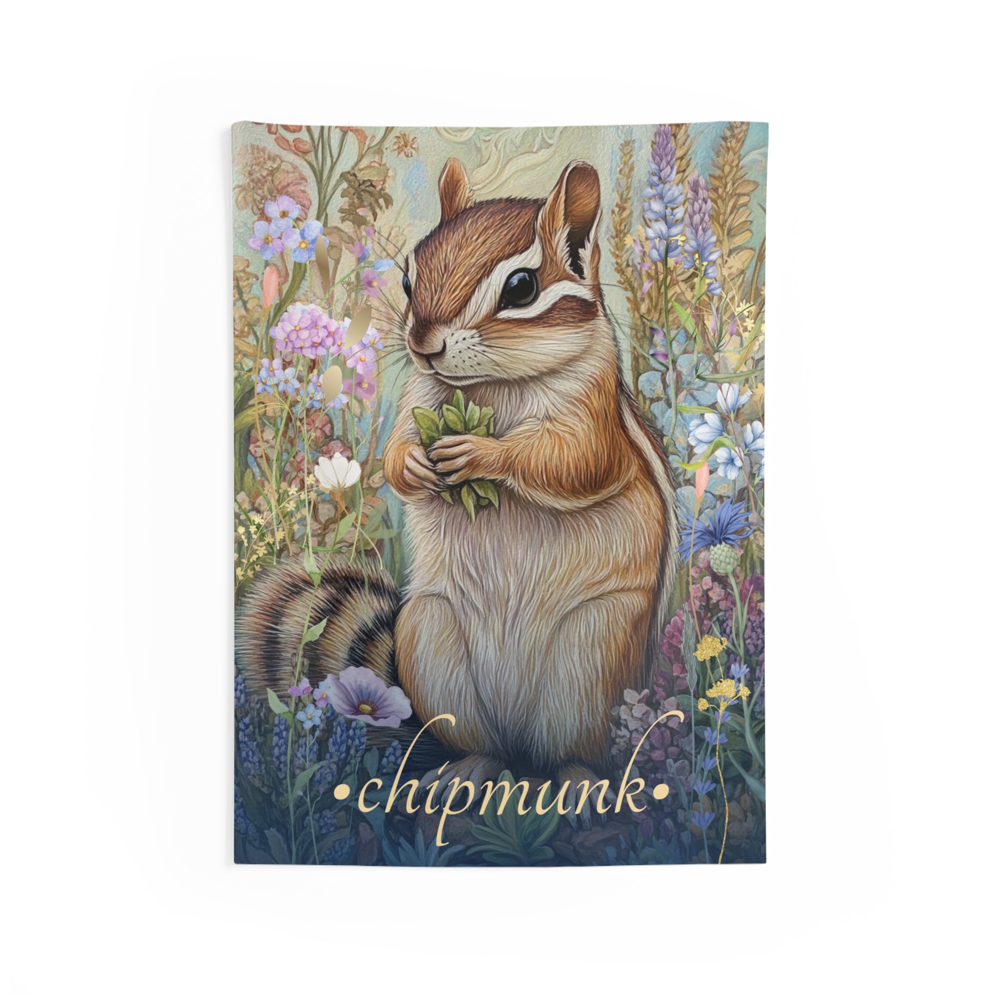A wall tapestry featuring a detailed illustration of a chipmunk surrounded by floral meadow blooms.