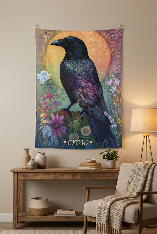 Crow Wall Tapestry – Mystical Gothic Decor with Vibrant Indigo Feathers and Sunlit Florals
