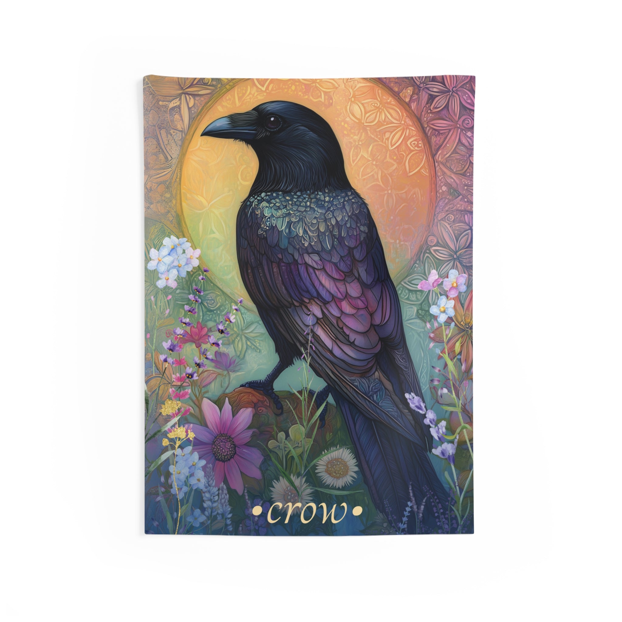 A wall tapestry featuring a stylized crow with vibrant colors, set against a floral and mandala-patterned background with a golden sun motif.